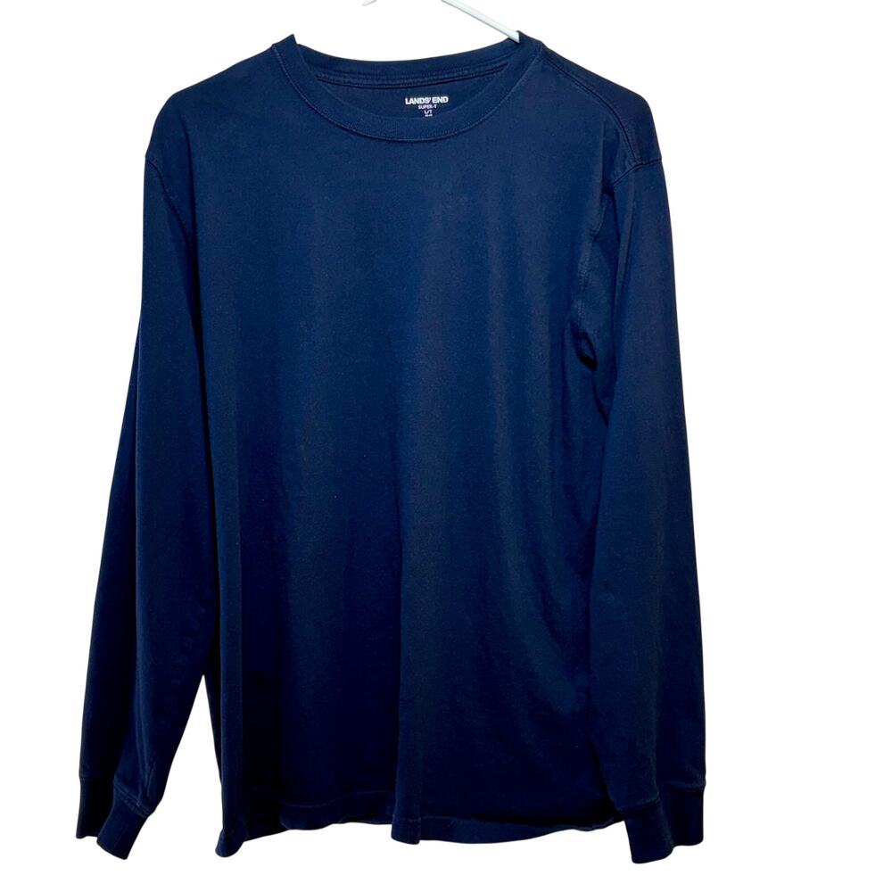 Lands' End Men's Large 42-44 Super-T Long Sleeve T-Shirt Navy Blue 100% Cotton